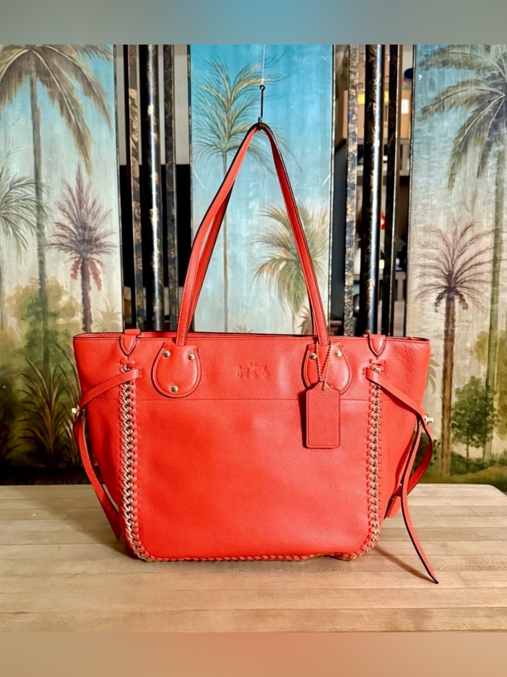 Coach Tatum Coral Pebbled Leather Whipstich Tote Handbag Purse